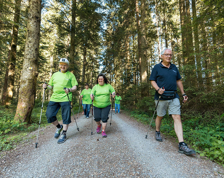 Menschen mit Behinderungen bei einer Nordic-Walking-Tour durch den Wald